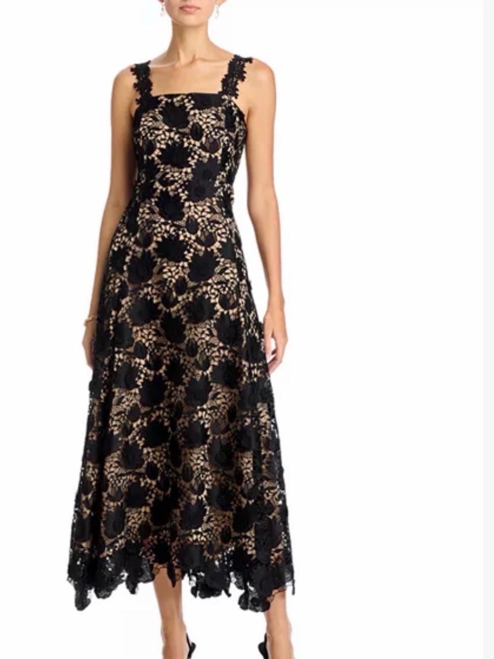 Elie Tahari Francoise Dress - Black Lace Floral Midi Dress with Nude Underlay